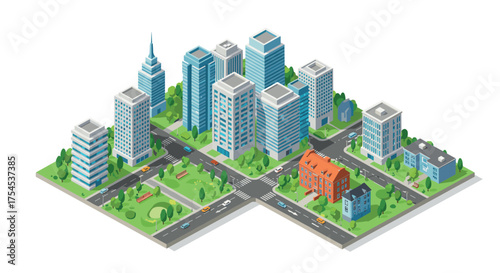 Modern isometric city with skyscrapers and green spaces