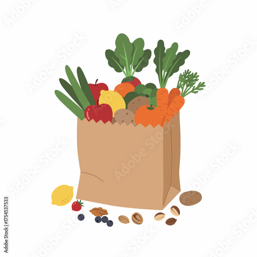 Flat Style Full Paper Bag Of Groceries Fresh Food Illustration