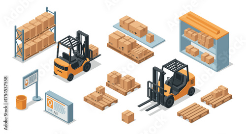 Warehouse operation with forklifts and pallets in isometric design