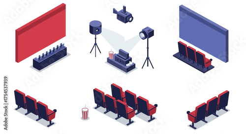 Isometric cinema elements with seating, projectors, and screens in red and blue