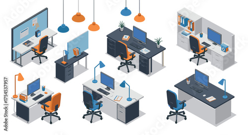 Modern office workspace designs with isometric desks and chairs