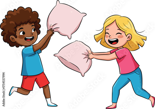 Cartoon Children Having Fun Pillow Fight Indoors with Smiling Faces and Motion for Playful Vector Illustration Design