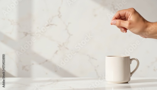 Hand adding sugar to a white cup on a marble surface