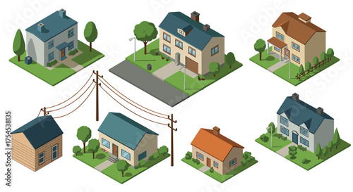 Isometric suburban houses collection with lush greenery and detailed architecture