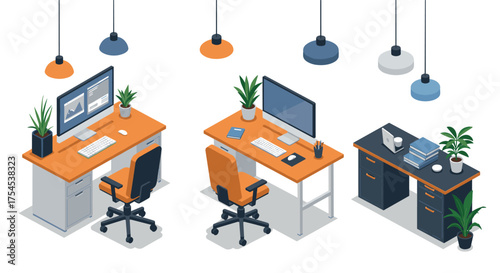 Modern office workspace design with isometric desks and chairs