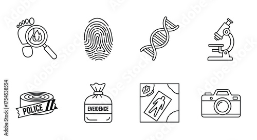 Forensic science line icons isolated on white background
