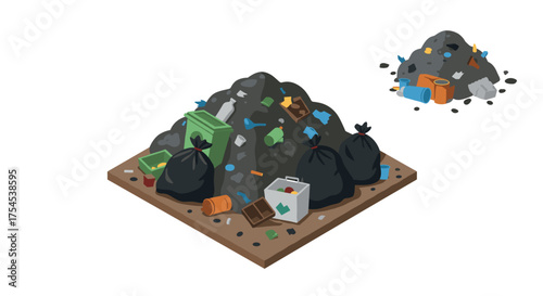 Large heap of mixed waste on wooden platform in isometric style