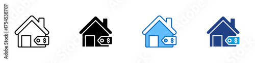 Home Price Tag Multiple Style Icon Design Vector - house with a price tag symbol, showing property value, sale, or real estate pricing