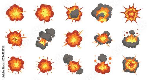 Cartoon explosions set with fiery blasts and smoke clouds