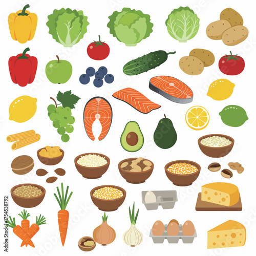 Flat Illustration Healthy Fresh Food Variety Still Life Composition