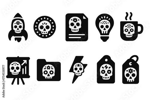 Day of the dead icon set. Skull, sugar skull, silhouette icons collection