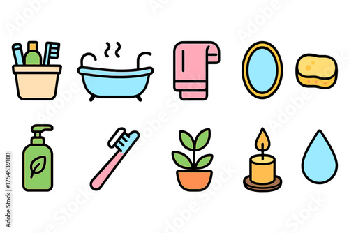 Bathroom essentials icon set. Flat style for spa, hygiene, toiletries collection