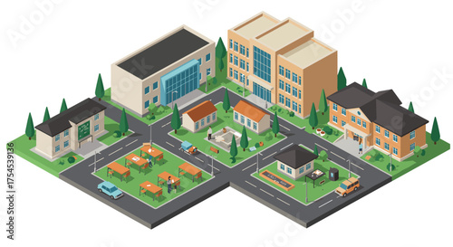 Isometric urban community scene with buildings and streetscape