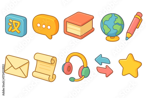 Language learning 3d icon set. Multilingual, education, communication icons collection