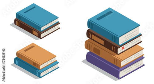 Isometric stacked books: colorful arrangement in flat design
