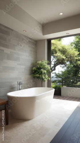 Modern bathroom freestanding bathtub indoor outdoor natural light serene