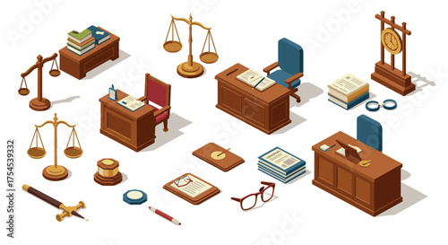 Isometric law office furniture and tools: scales, desks, gavels, and more