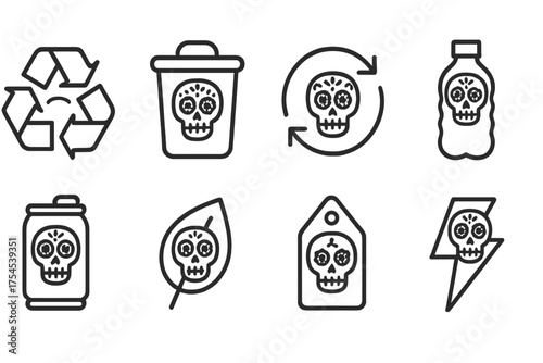 Day of the dead line icon set. Sugar skull, recycling symbols outline collection