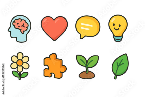Mental wellness and growth icon set. Flat style symbols for mental health and nature.