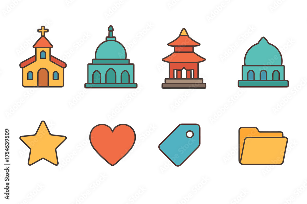 Fototapeta premium Religion and culture flat icon set for temples, faith, tradition, and worship symbols