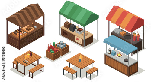 Colorful isometric food stalls with outdoor seating