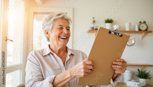 Senior woman holding clipboard and smiling indoors