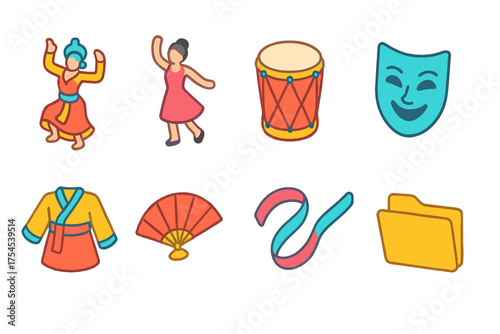 Traditional cultural elements vector icon set. Heritage, cultural objects flat icons collection.