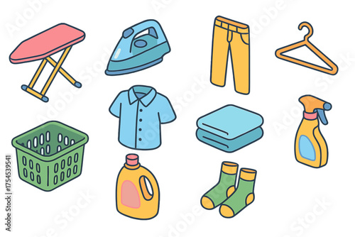 Laundry flat icon set. Clothes, detergent, iron, basket and more essential icons