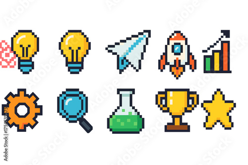 Technology, science 3d icon set. Innovation, creativity, growth pixel art collection