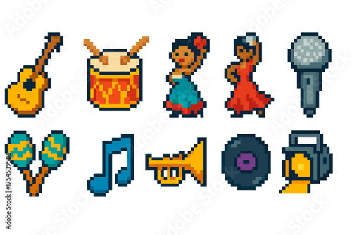 Retro music pixel icon set. Instruments and musicians in retro style collection