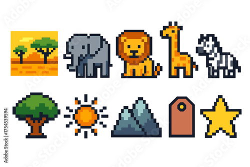 Pixel safari icon set. Pixelated animals and nature in retro 8-bit style.