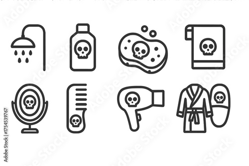 Bathroom safety linear icon set. Hazardous warning icons for personal care products.
