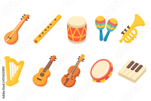 Musical instruments icon set. Colorful, flat icons collection for music themes.
