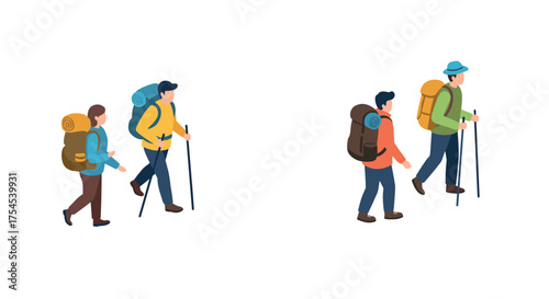 Isometric backpackers hiking in nature with trekking poles