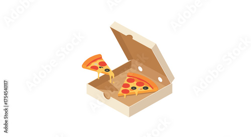 Isometric pizza slices in open box with melting cheese and toppings