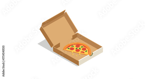 Open pizza box with pepperoni slice and cheese in isometric style