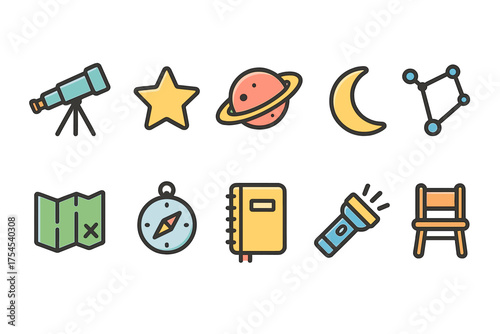 Space and exploration outline icon set. Astronomy, telescope, stars outline collection