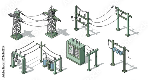Isometric electrical power station infrastructure with utility equipment and towers
