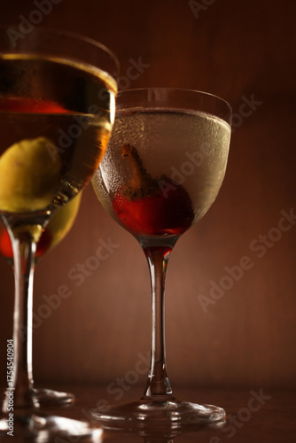 Four Classic Cocktails on a Bar Table with Wood Paneling