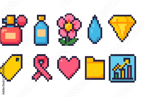 Pixel art icon set of perfume, diamond and flowers. Retro 8-bit style.