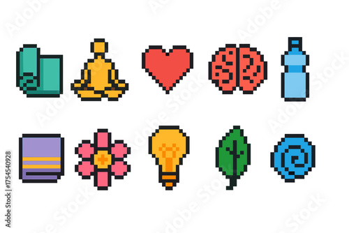 Wellness pixel icon set. Yoga, meditation, health, and relaxation pixel icons