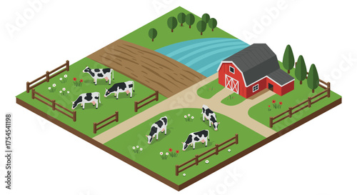 Isometric farm landscape with cows grazing near red barn and pasture