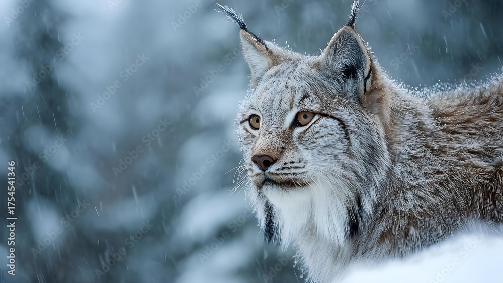 Obraz premium A lynx in a snowy forest, close-up of its face with frost on the fur as snow falls. Concept Lynx close-up, Snowy forest, Frost on fur, Winter wildlife portrait, Snowfall atmosphere