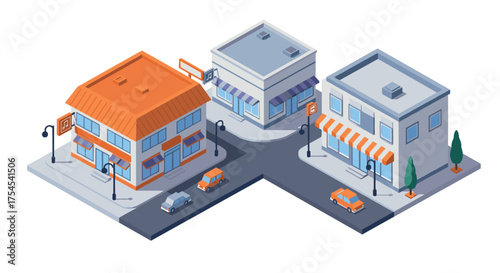 Isometric urban corner with shops and streets in vibrant colors