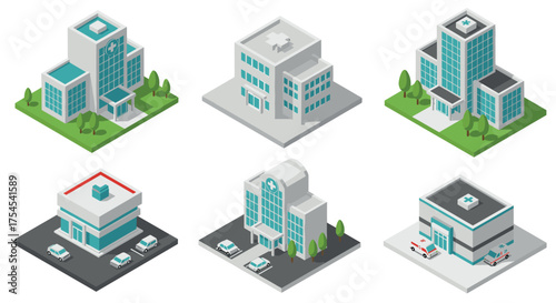 Set of isometric hospital buildings with trees and ambulances for medical designs