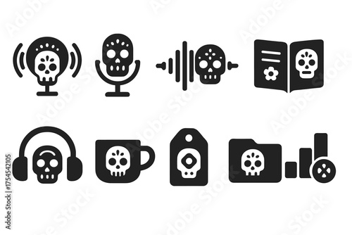 Day of the dead solid icon set. Dia de los muertos, skull symbols, vector collection