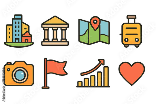Travel and tourism flat icon set: vacation, maps, luggage, camera, landmarks