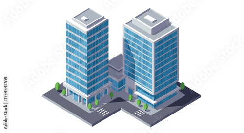 Modern isometric office buildings with glass facade and urban landscape