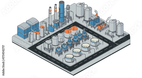 Isometric industrial facility with tanks and pipelines in blue and gray tones
