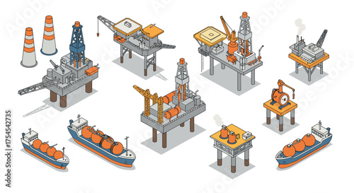 Isometric offshore oil and gas platforms with ships and equipment set